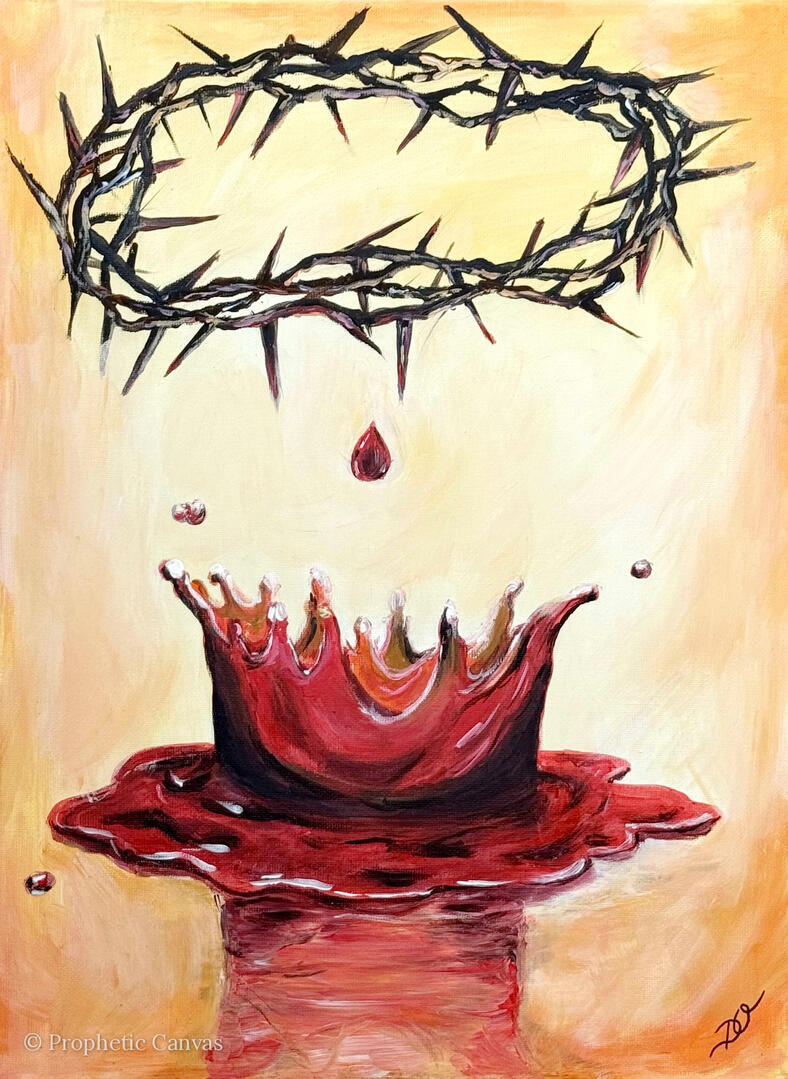 Christian painting: crown of thorns and a drop of blood – Bought at a Price