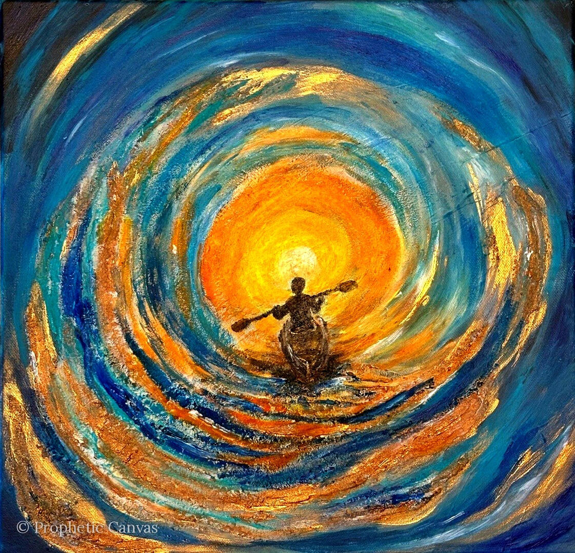 Prophetic painting: a person in a canoe paddling through a whirlpool into the light – Into the Light