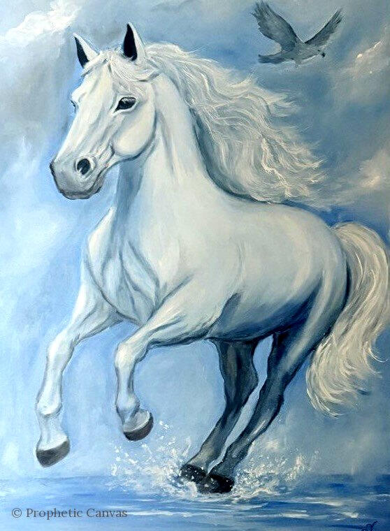 Prophetic painting: a white horse galloping through water – Freedom