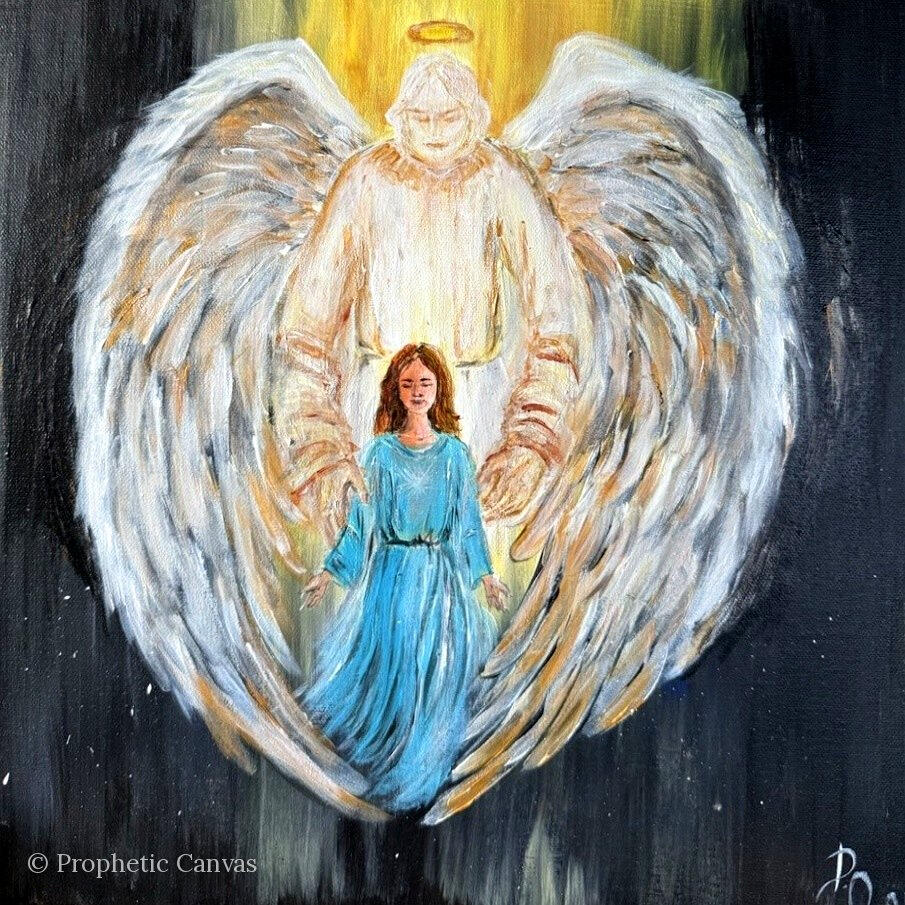 Christian painting: an angel with great wings enfolding a girl – Sheltered
