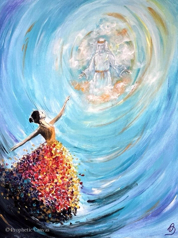 Christian painting: a dancer in a flowered dress reaching toward Jesus in the clouds