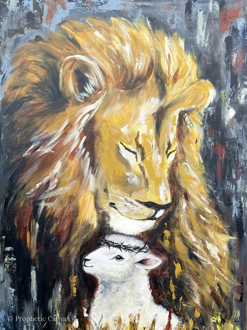 Prophetic painting: lion and lamb with a crown of thorns