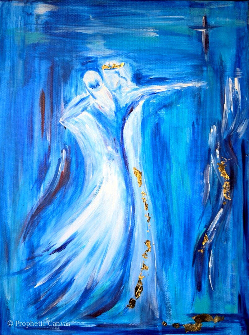 Prophetic art: a bride dancing with Yeshua, blue tones and gold leaf