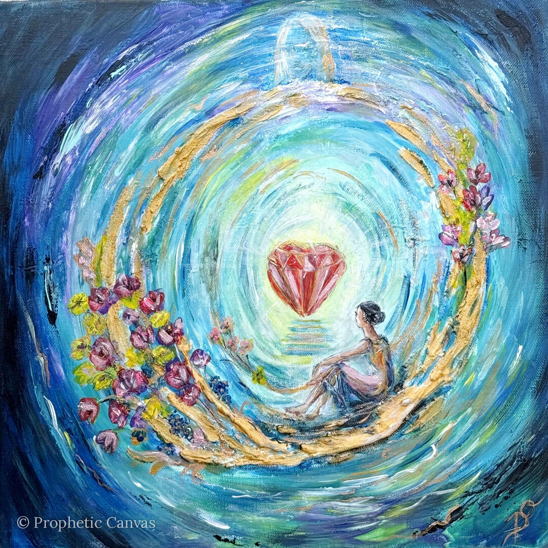 Prophetic painting: a woman before a glowing diamond heart – In the Father's Heart