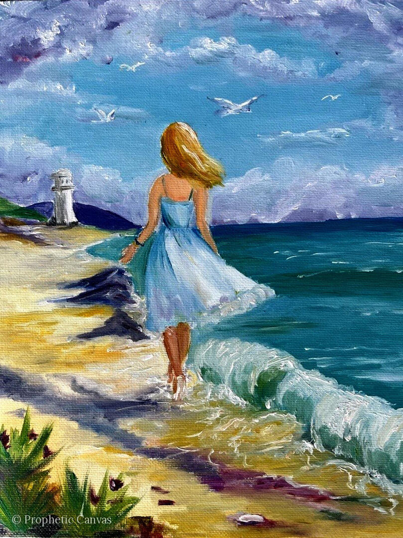 Christian painting: a woman in a light blue dress walking along the sea – Lightness