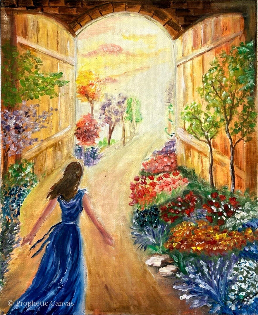 Prophetic art: a woman in a blue dress walking through an open gate into a garden in bloom