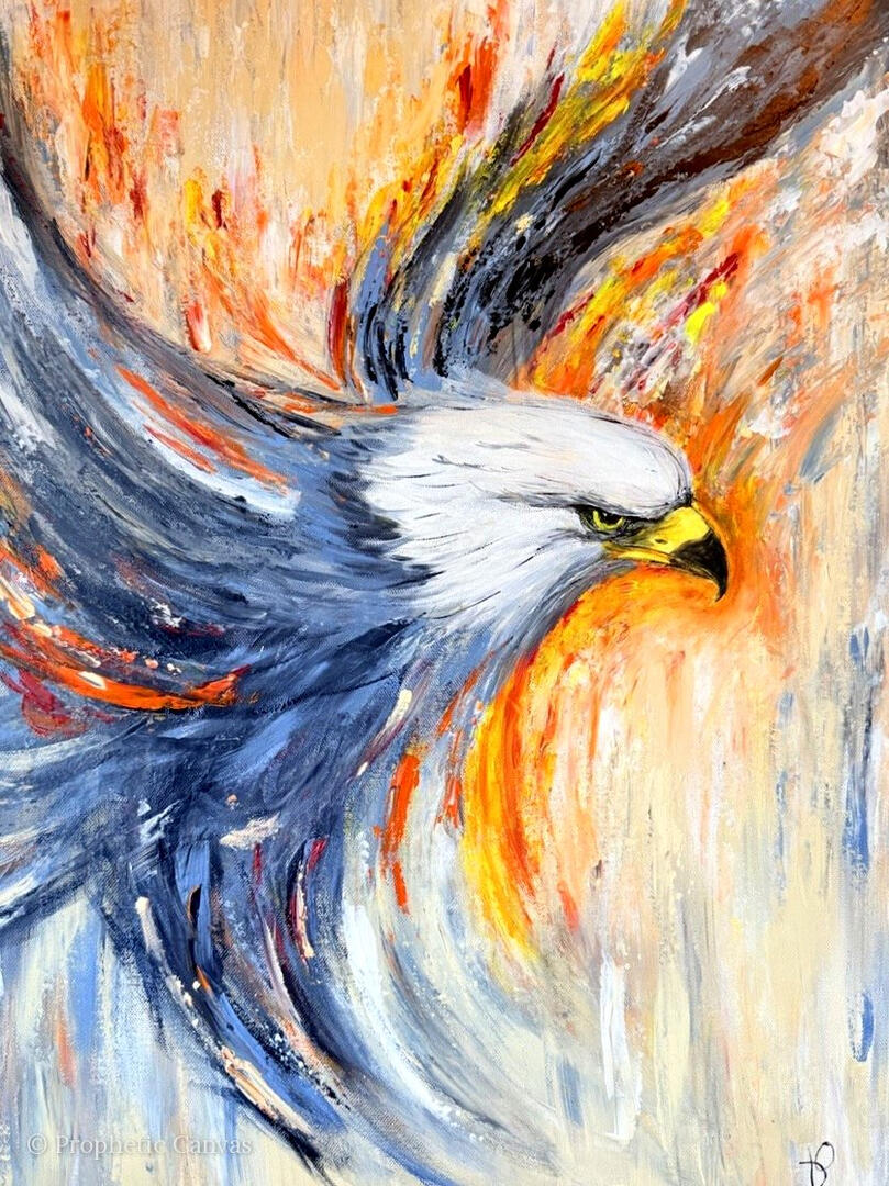 Prophetic art: an eagle in flight in fiery colors