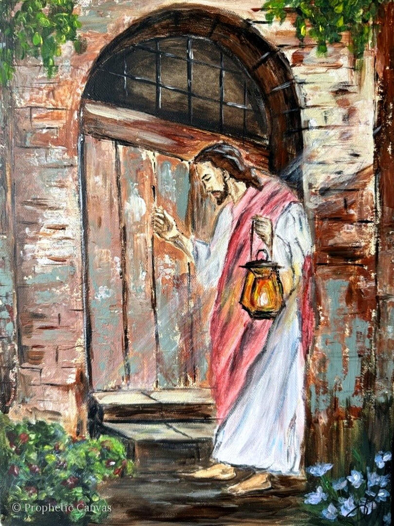 Prophetic art: Jesus with a lantern knocking at a door – Will You Open the Door?