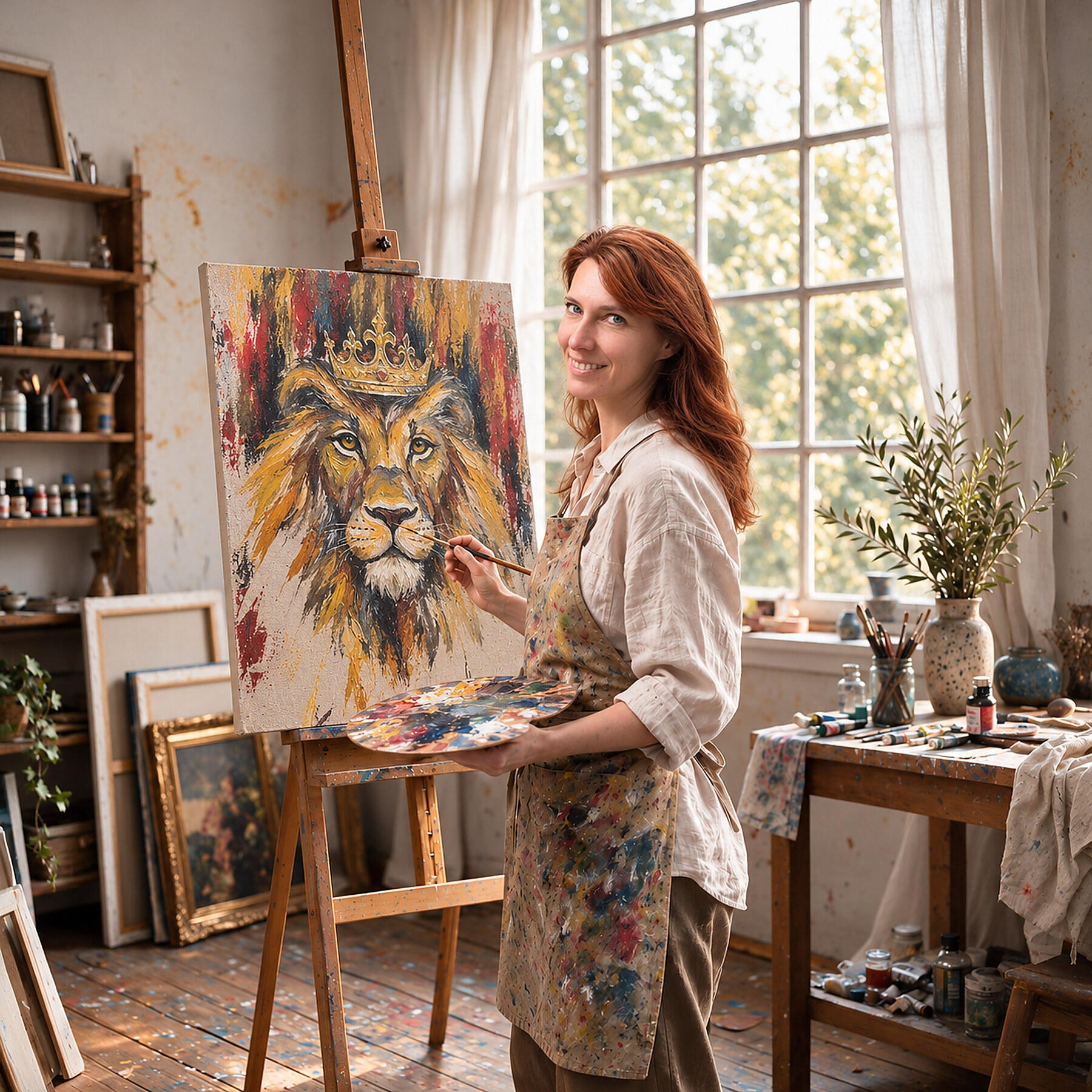 Oksana Dell, prophetic artist, at her easel in her studio